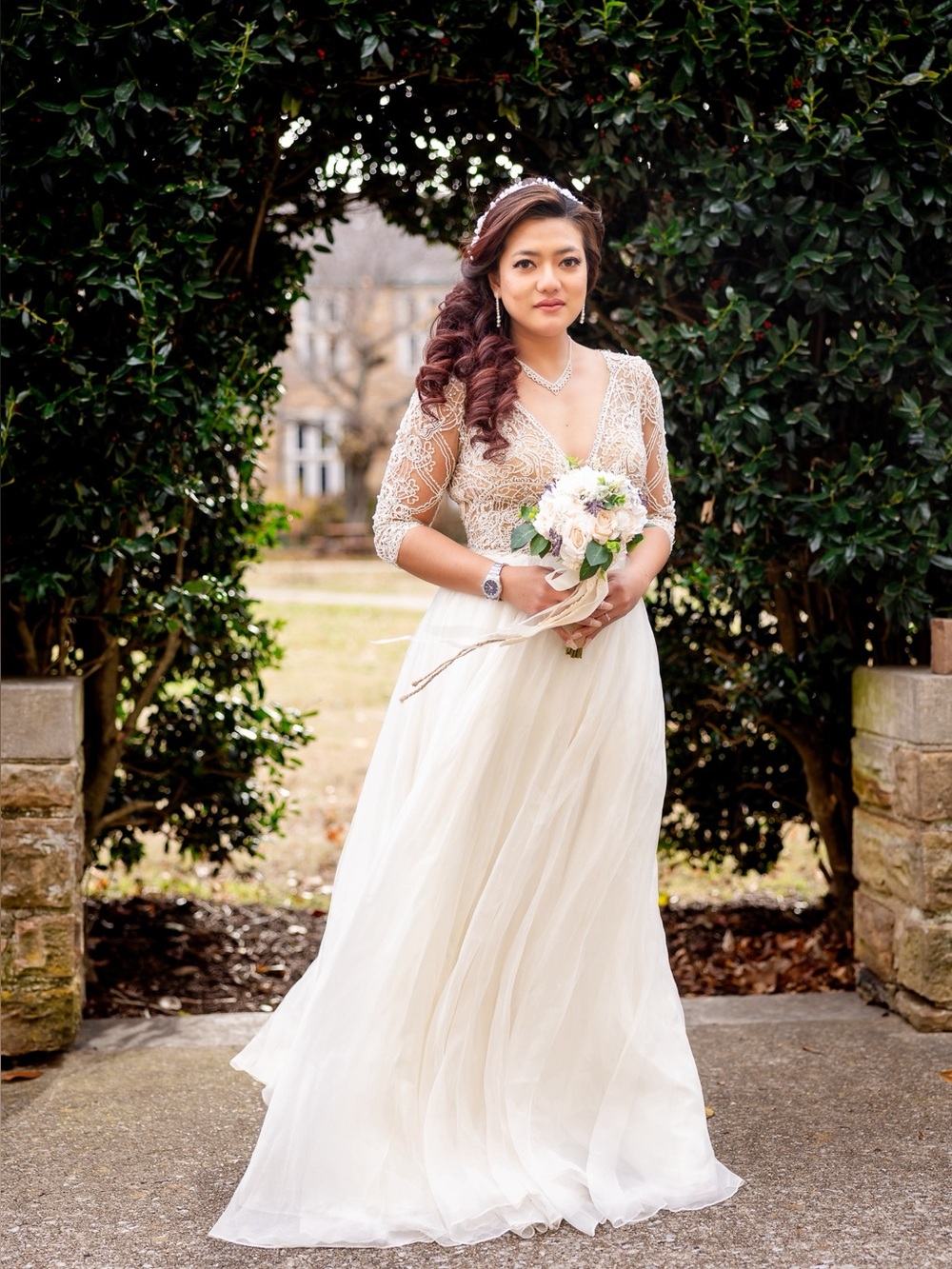 Watters Ivory Lace Bodice Wedding Gown with Sheer Three-Quarter Sleeves